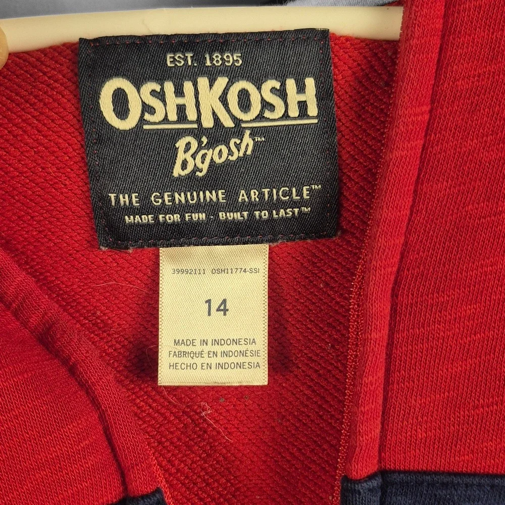 Boys OshKosh Zip Up Hoodie Kids‎ Size 14 Red Navy Colorblock Fleece Sweatshirt